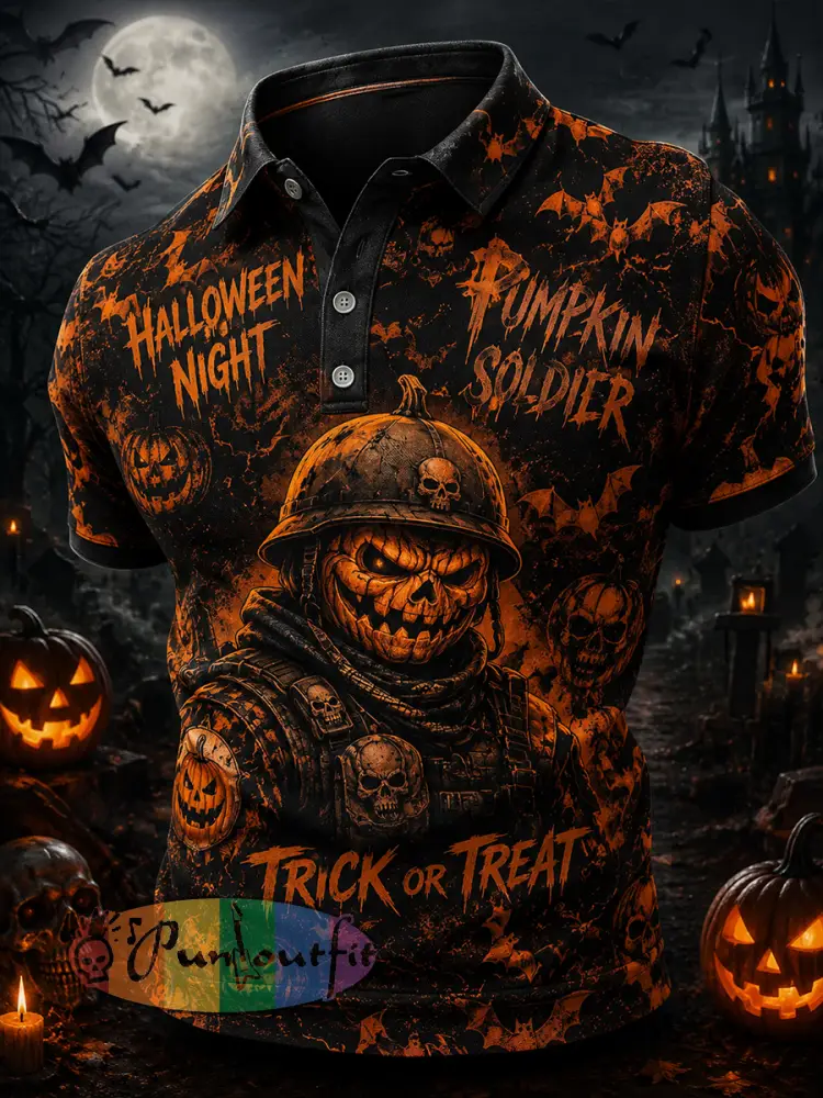 Men’s Short-Sleeve Polo Shirt With Halloween-Themed Print - A · S