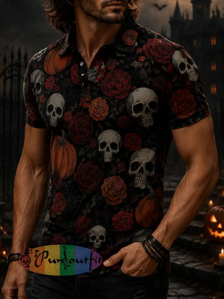 Men’s Short-Sleeve Polo Shirt With Halloween-Themed Print - A · S