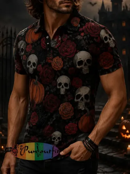 Men’s Short-Sleeve Polo Shirt With Halloween-Themed Print - A · S