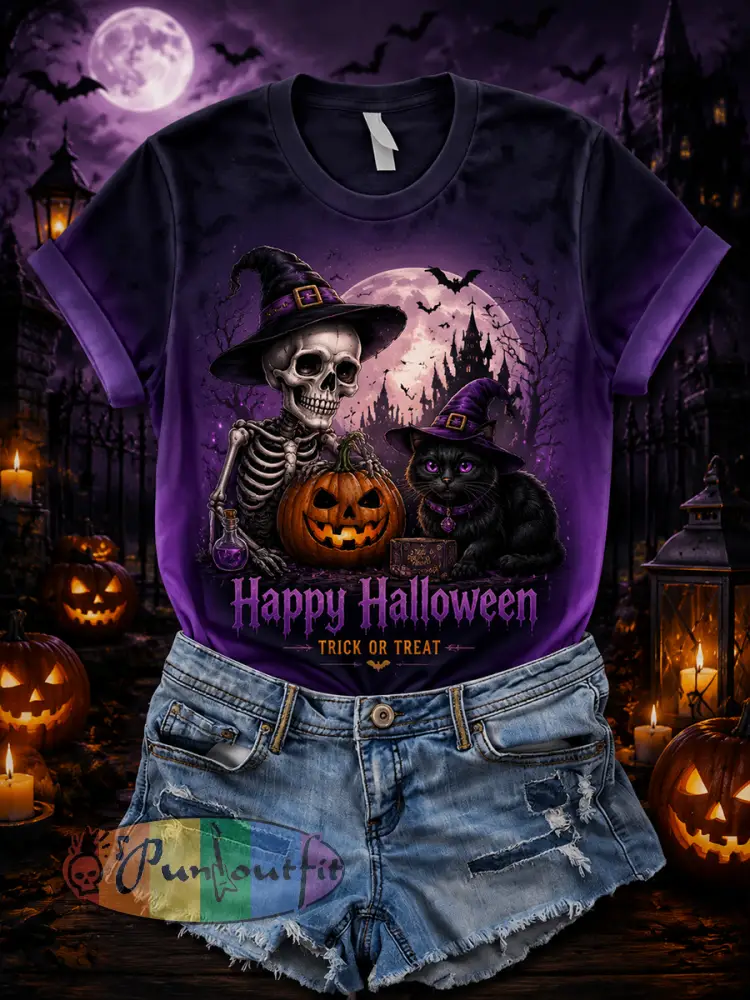 Women’s Short-Sleeve T-Shirt With Halloween-Themed Print - A · S