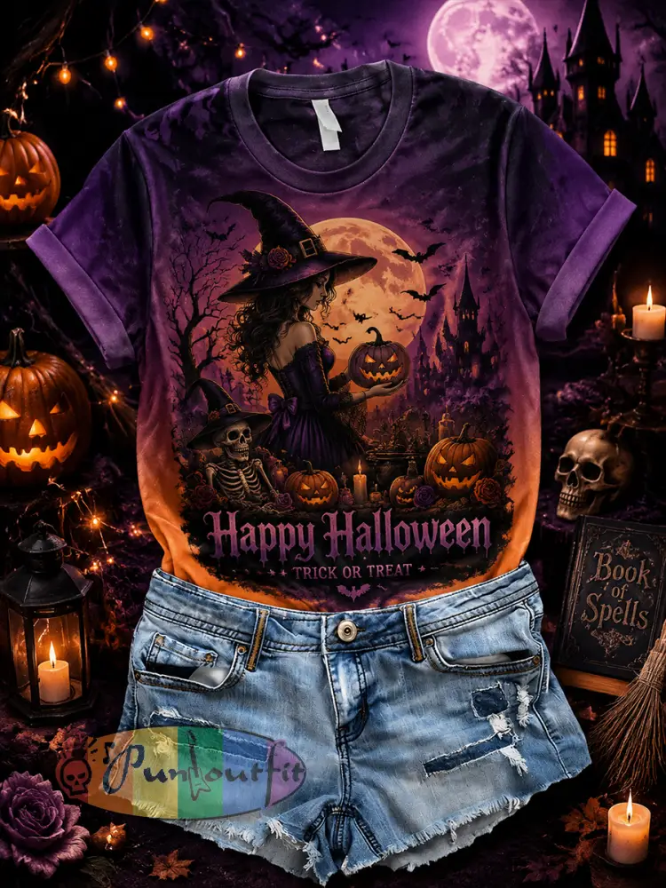 Women’s Short-Sleeve T-Shirt With Halloween-Themed Print - A · S