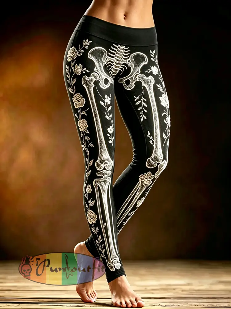 Women’s Glowing Skeleton Floral Print Halloween Bottoms - Black · S
