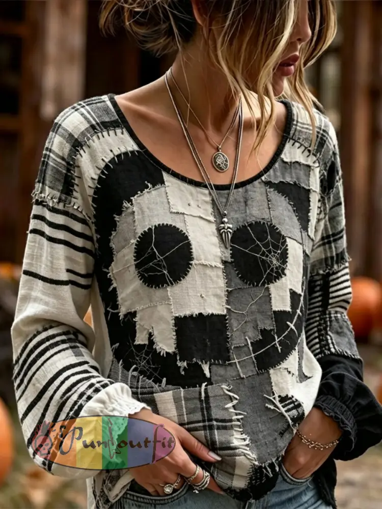 Women’s Retro Halloween Spooky Face Patchwork Print Cotton-Linen Shirt - Gray · S