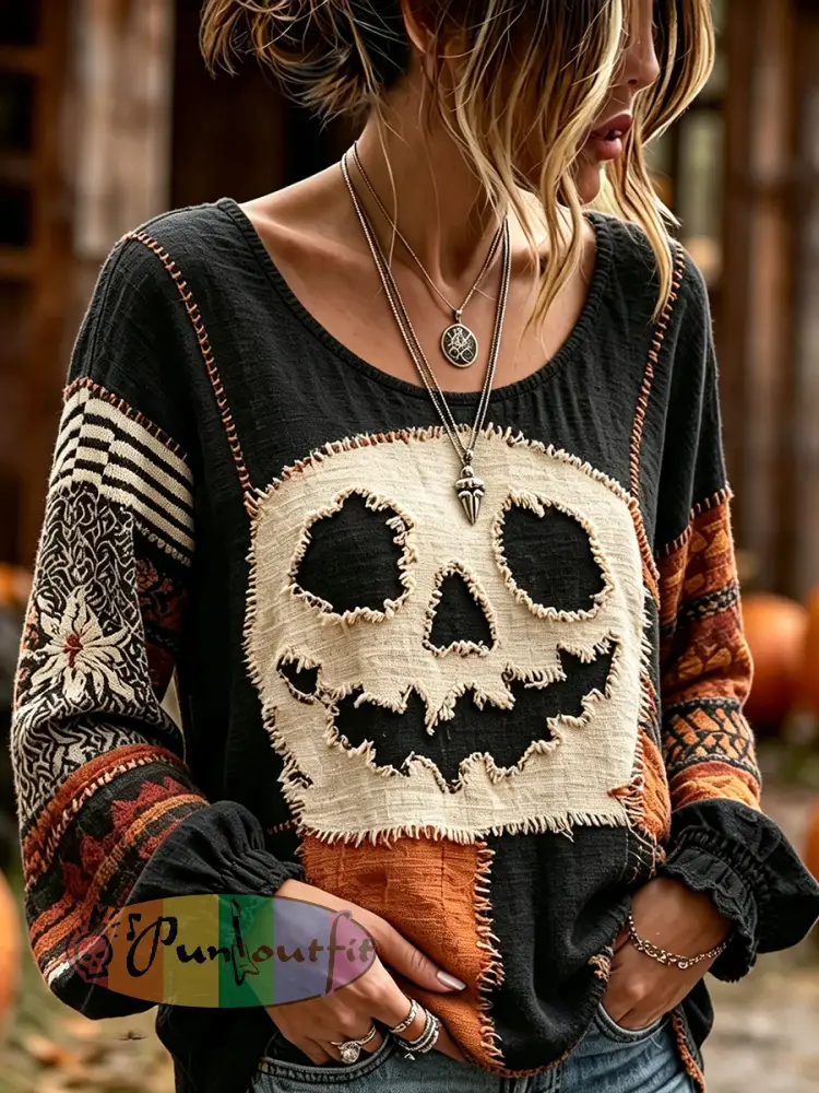 Women’s Retro Halloween Spooky Face Color Block Print Cotton-Linen Shirt - Black · S
