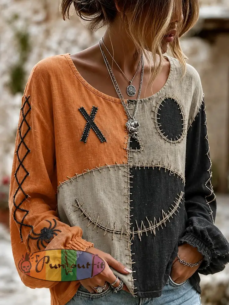 Women’s Retro Halloween Spooky Smiley Face Color Block Print Cotton-Linen Shirt - Black Orange · S