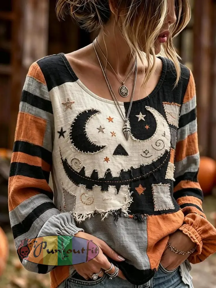 Women’s Retro Halloween Jack-o’-lantern Patchwork Art Print Cotton-Linen Shirt - Black Orange · S