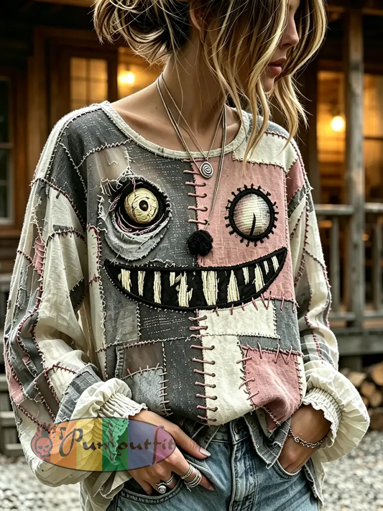 Women’s Retro Halloween Patchwork Print Cotton-Linen Shirt - Gray · S
