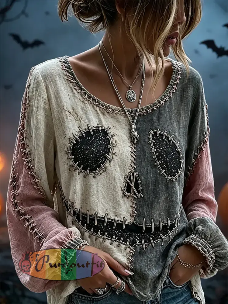 Women’s Retro Halloween Spooky Smiley Face Color Block Print Cotton-Linen Shirt - Gray · S