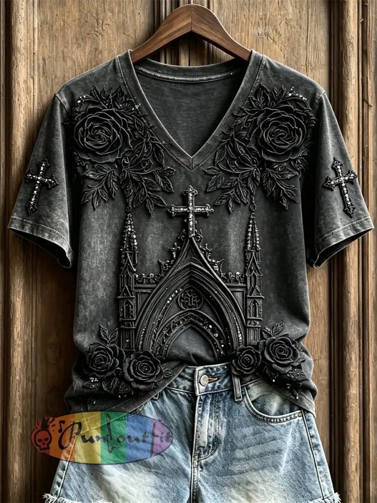 Women’s Classy Gothic Cross & Church Black Roses Art Print short-sleeved T-shirt - Black · S
