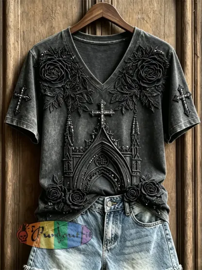 Women’s Classy Gothic Cross & Church Black Roses Art Print short-sleeved T-shirt - Black · S