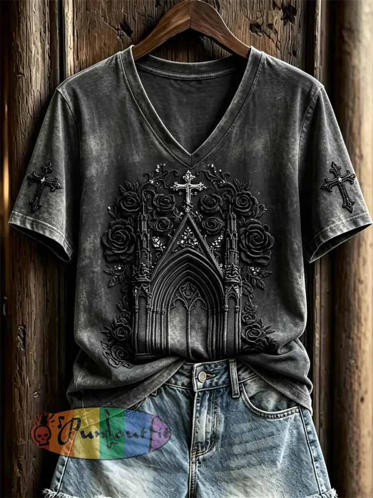 Women’s Classy Gothic Cross & Church Black Roses Art Print short-sleeved T-shirt - Black · S