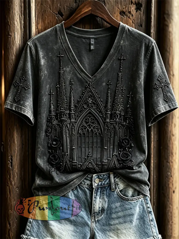 Women’s Classy Gothic Church & Black Roses Art Print short-sleeved T-shirt - Black · S