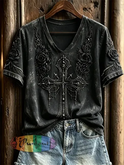Women’s Classy Gothic Cross & Black Roses Art Print short-sleeved T-shirt - Black · S