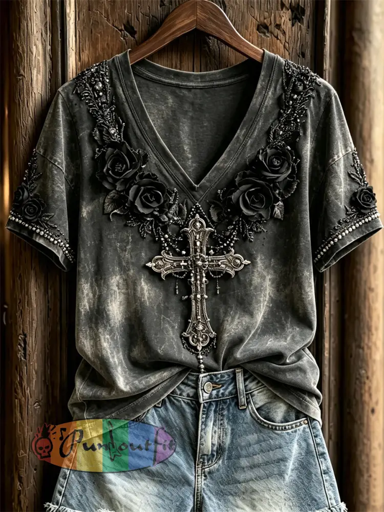 Women’s Classy Gothic Cross & Black Roses Art Print short-sleeved T-shirt - Dark Gray · S