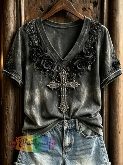 Women’s Classy Gothic Cross & Black Roses Art Print short-sleeved T-shirt - Dark Gray · S