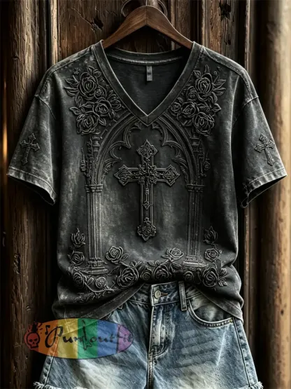 Women’s Classy Gothic Cross & Black Roses Art Print short-sleeved T-shirt - Black · S