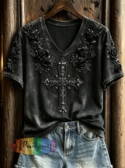 Women’s Classy Gothic Cross & Black Roses Art Print short-sleeved T-shirt - Black · S