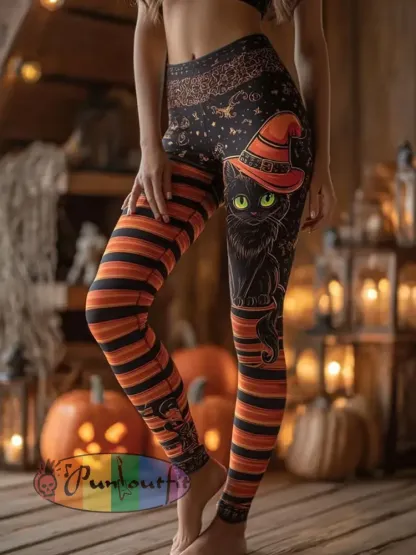 Women’s Retro Halloween Black Cat Print Leggings - As picture · S