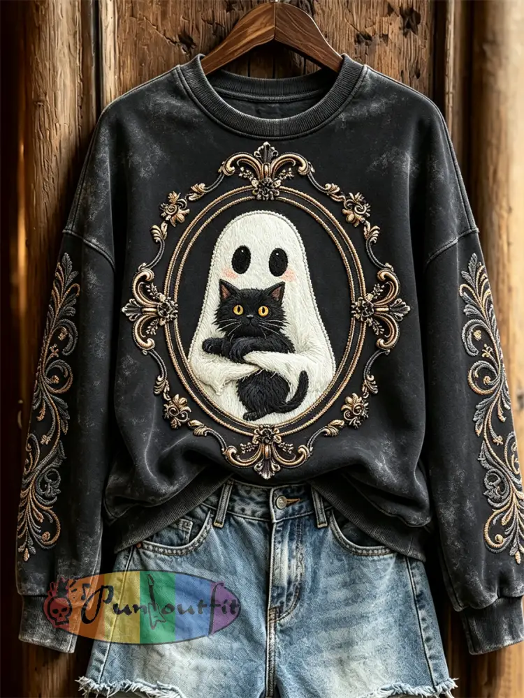 Women’s Halloween Lovely Ghost with Black Cat Gothic Print Sweatshirt - Black · S