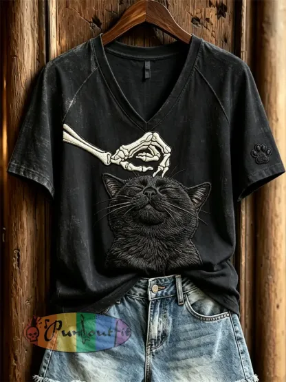 Women’s Halloween Black Cat & Skeleton Cat Lover Print short-sleeved T-shirt - Black · S