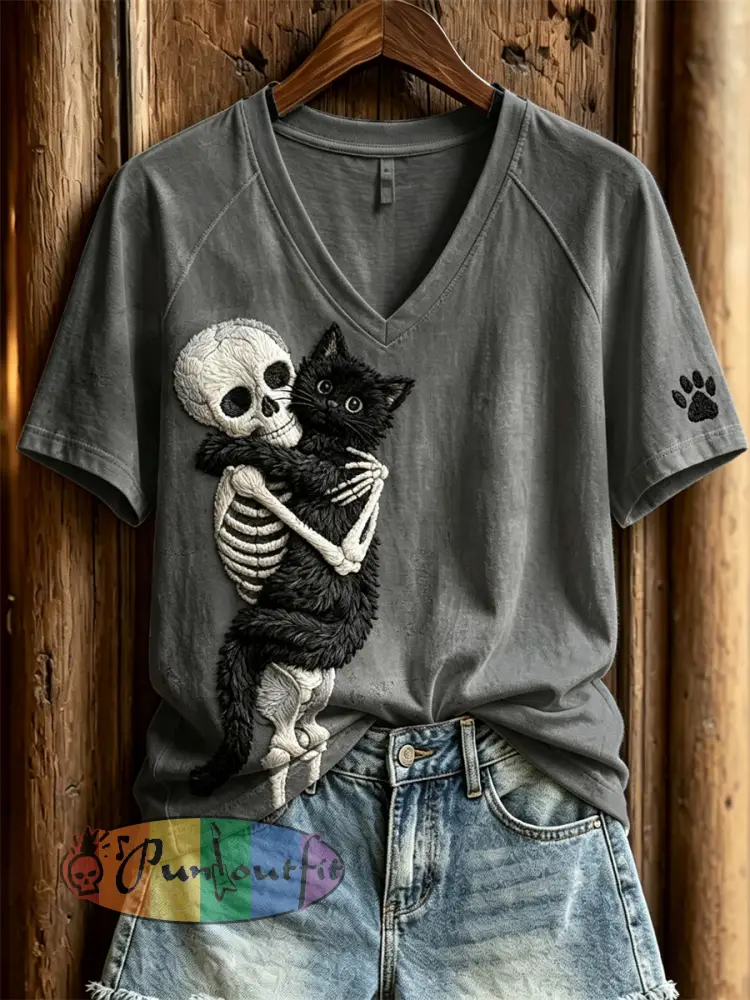 Women’s Halloween Black Cat & Skeleton Cat Lover Print short-sleeved T-shirt - Gray · S
