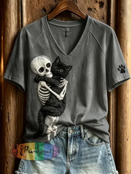 Women’s Halloween Black Cat & Skeleton Cat Lover Print short-sleeved T-shirt - Gray · S
