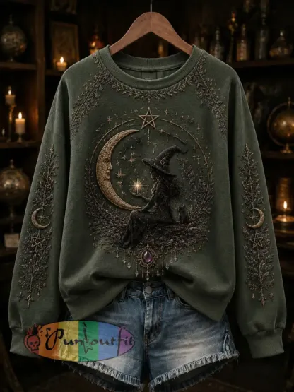 Women’s Halloween Dark Witch Printed Casual Loose Long Sleeved Sweatshirt - As picture · S