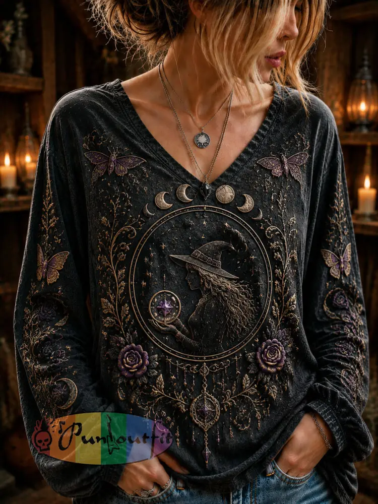 Women’s Halloween Dark Witch Printed Casual Long-Sleeve Top. - Black · S