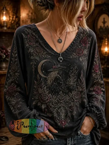 Women’s Halloween Dark Witch Printed Casual Long-Sleeve Top. - Black · S