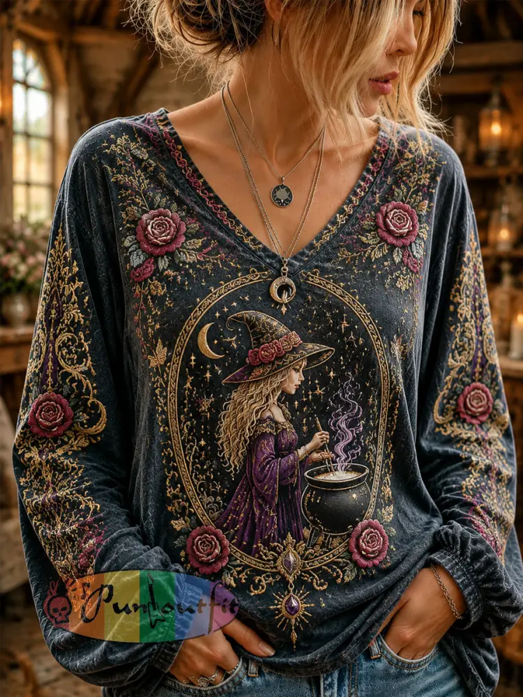 Women’s Halloween Dark Witch Printed Casual Long-Sleeve Top. - Black · S