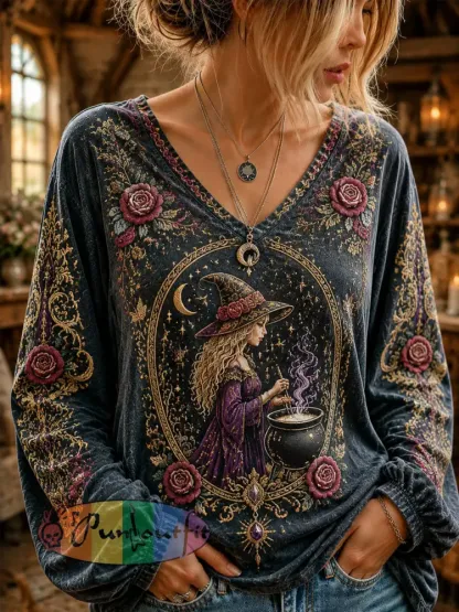 Women’s Halloween Dark Witch Printed Casual Long-Sleeve Top. - Black · S