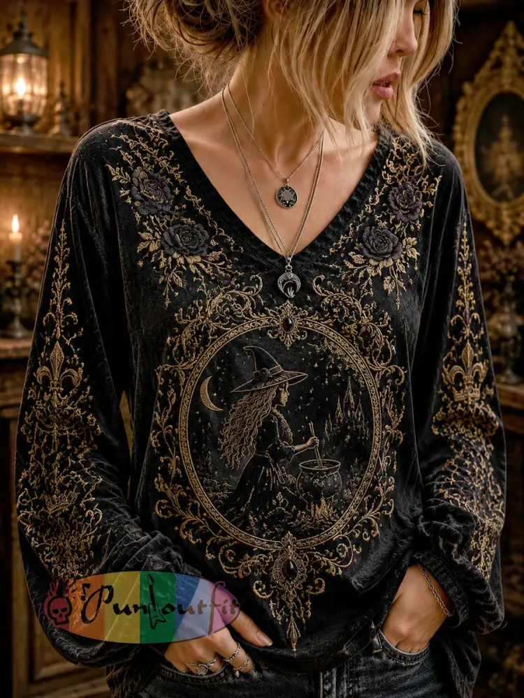 Women’s Halloween Dark Witch Printed Casual Long-Sleeve Top. - Black · S