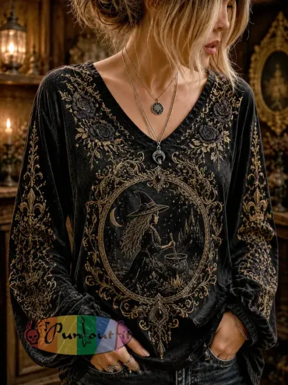Women’s Halloween Dark Witch Printed Casual Long-Sleeve Top. - Black · S