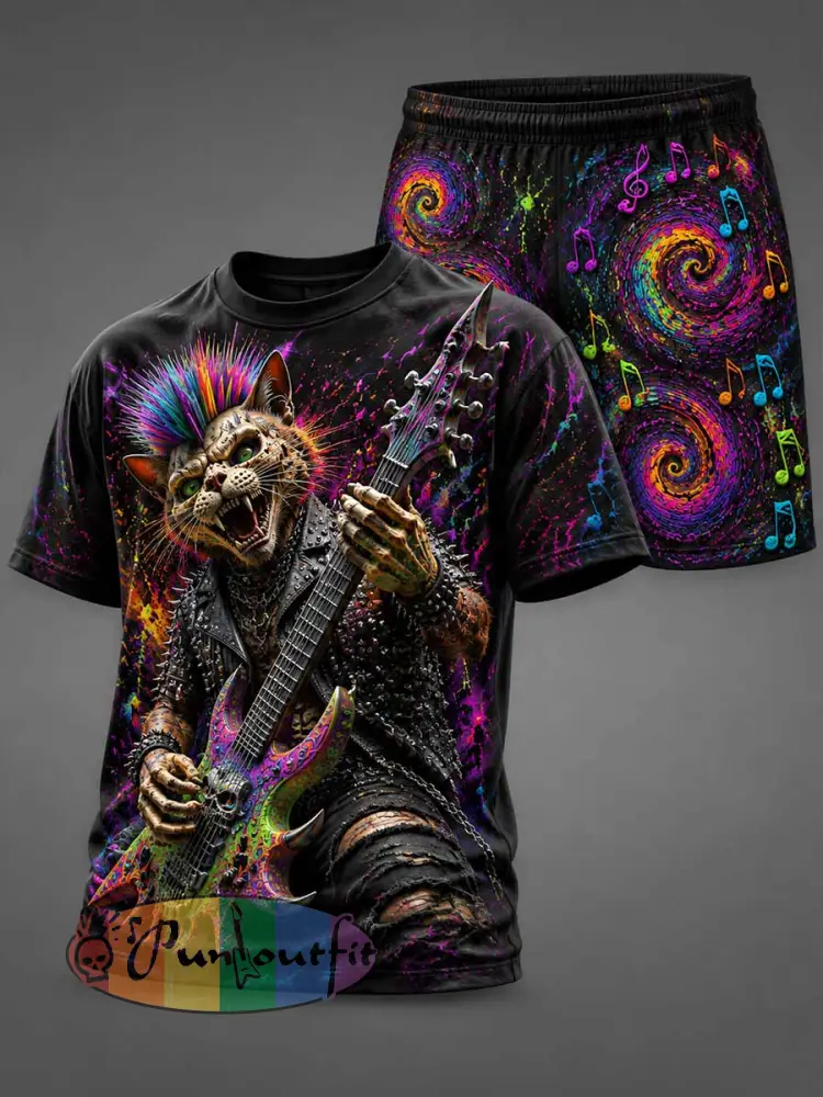 Men’s Fashion Psychedelic Punk Music Pattern Printed Short Sleeve Set - As picture · S