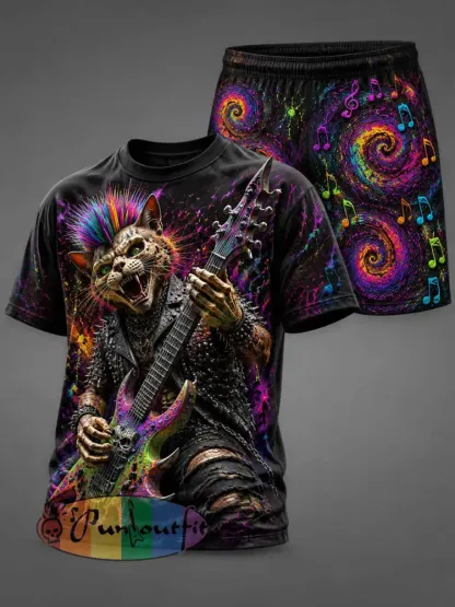 Men’s Fashion Psychedelic Punk Music Pattern Printed Short Sleeve Set - As picture · S