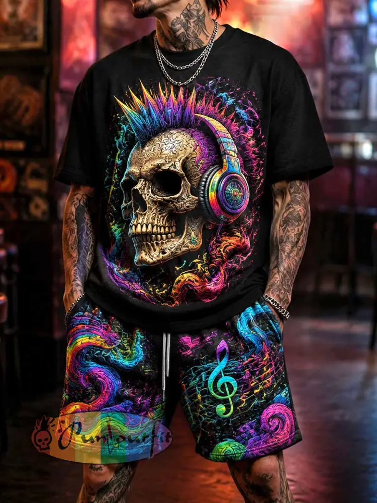 Men’s Fashion Psychedelic Punk Music Pattern Printed Short Sleeve Set - As picture · S