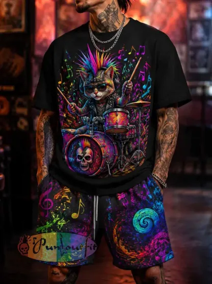 Men’s Fashion Psychedelic Punk Music Pattern Printed Short Sleeve Set - As picture · S