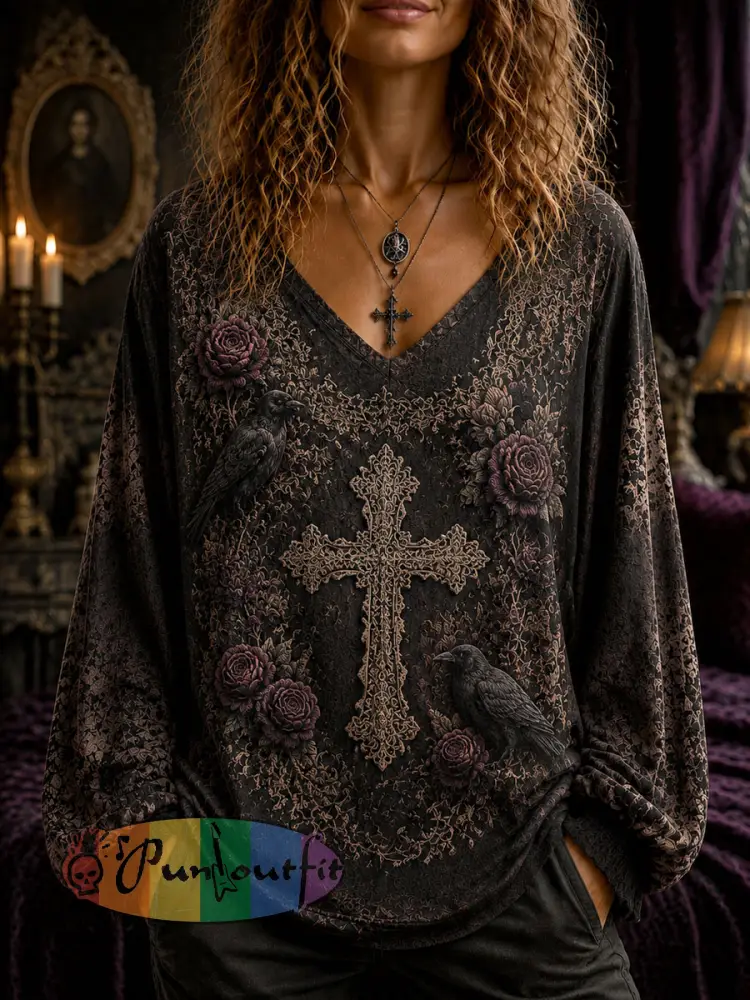Women’s Victorian Gothic-Style Printed Casual Long-Sleeved Top - As picture · S