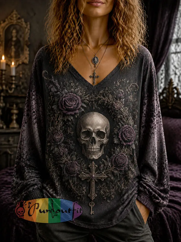 Women’s Victorian Gothic-Style Printed Casual Long-Sleeved Top - As picture · S