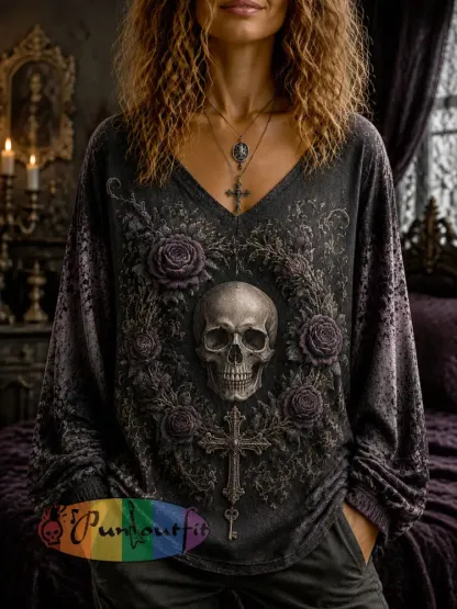Women’s Victorian Gothic-Style Printed Casual Long-Sleeved Top - As picture · S