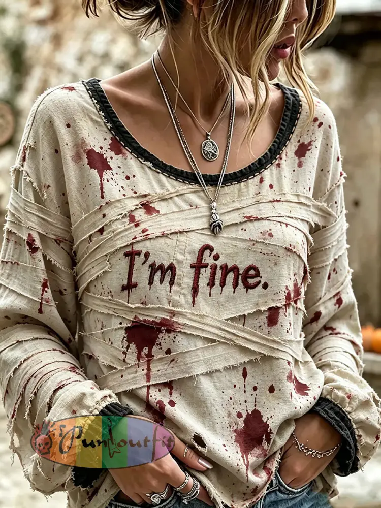 Women’s’I’m Fine’ Halloween Bloody Gothic Style Casual Cotton-Linen Shirt - As picture · S