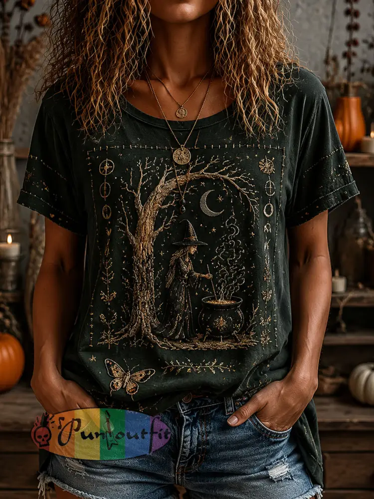 Women’s Halloween Witch Printed Casual T-Shirt - As picture · S