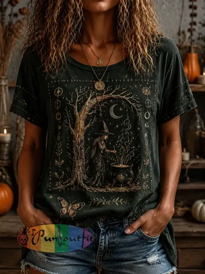 Women’s Halloween Witch Printed Casual T-Shirt - As picture · S