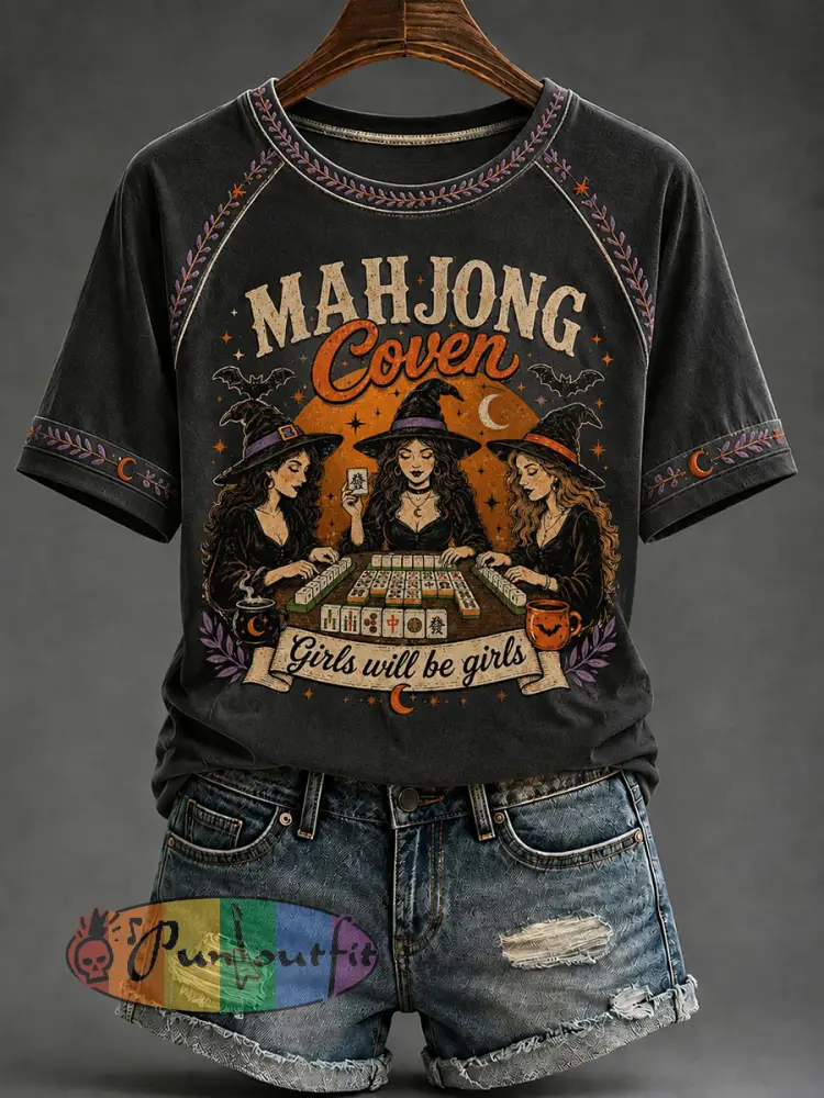 Women’s Halloween Mahjong Night Printed Casual T-Shirt - Black · S