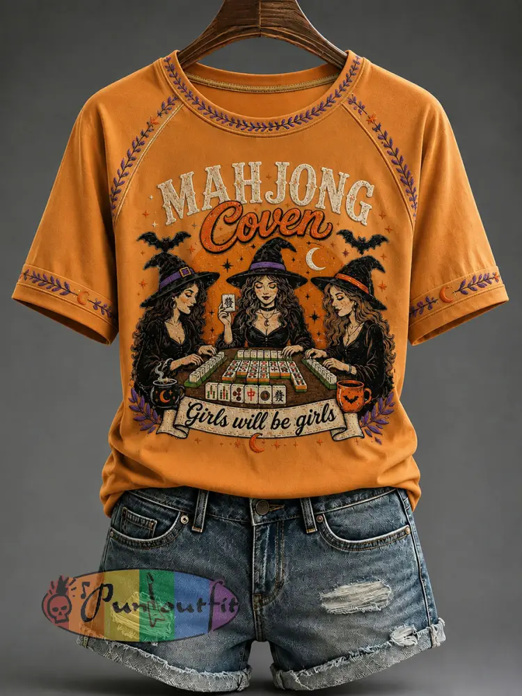 Women’s Halloween Mahjong Night Printed Casual T-Shirt - Orange · S