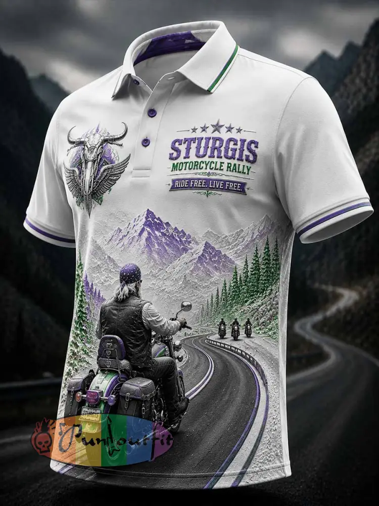 Men’s Retro Motorcycle Rally Graphic Print Polo Shirt - As picture · S