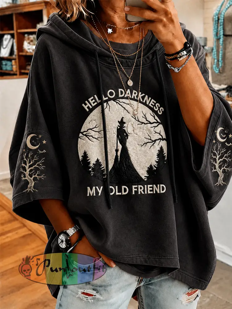 Women’s Funny Halloween Hello Darkness My Old Friend Witch Print Casual Short-Sleeve Hoodie - Black · S