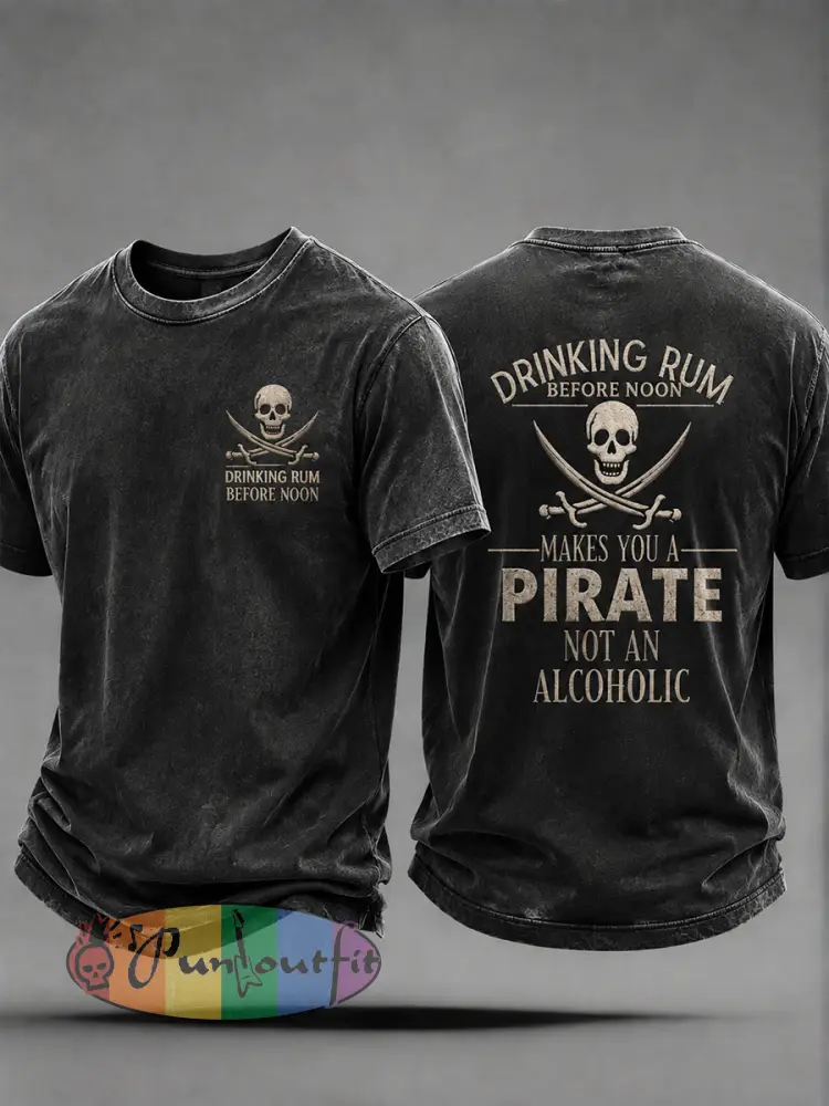 Men’s ’Drinking rum before noon makes you a pirate not an alcoholic’ Fun Pirate Rum Casual Unisex T-shirt - Black · S