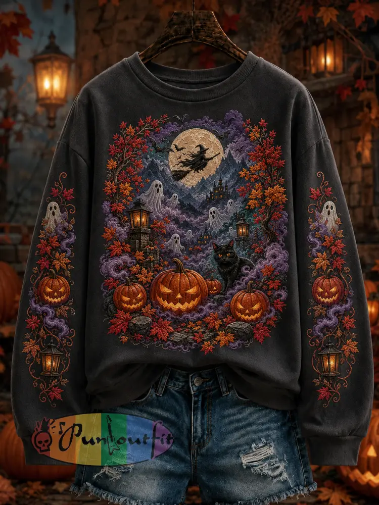 Women’s Halloween Witch Ghost Pumpkin Black Cat Art Sweater - As picture · S
