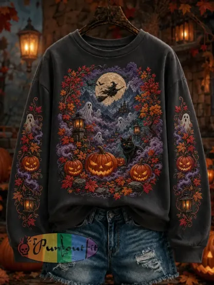 Women’s Halloween Witch Ghost Pumpkin Black Cat Art Sweater - As picture · S